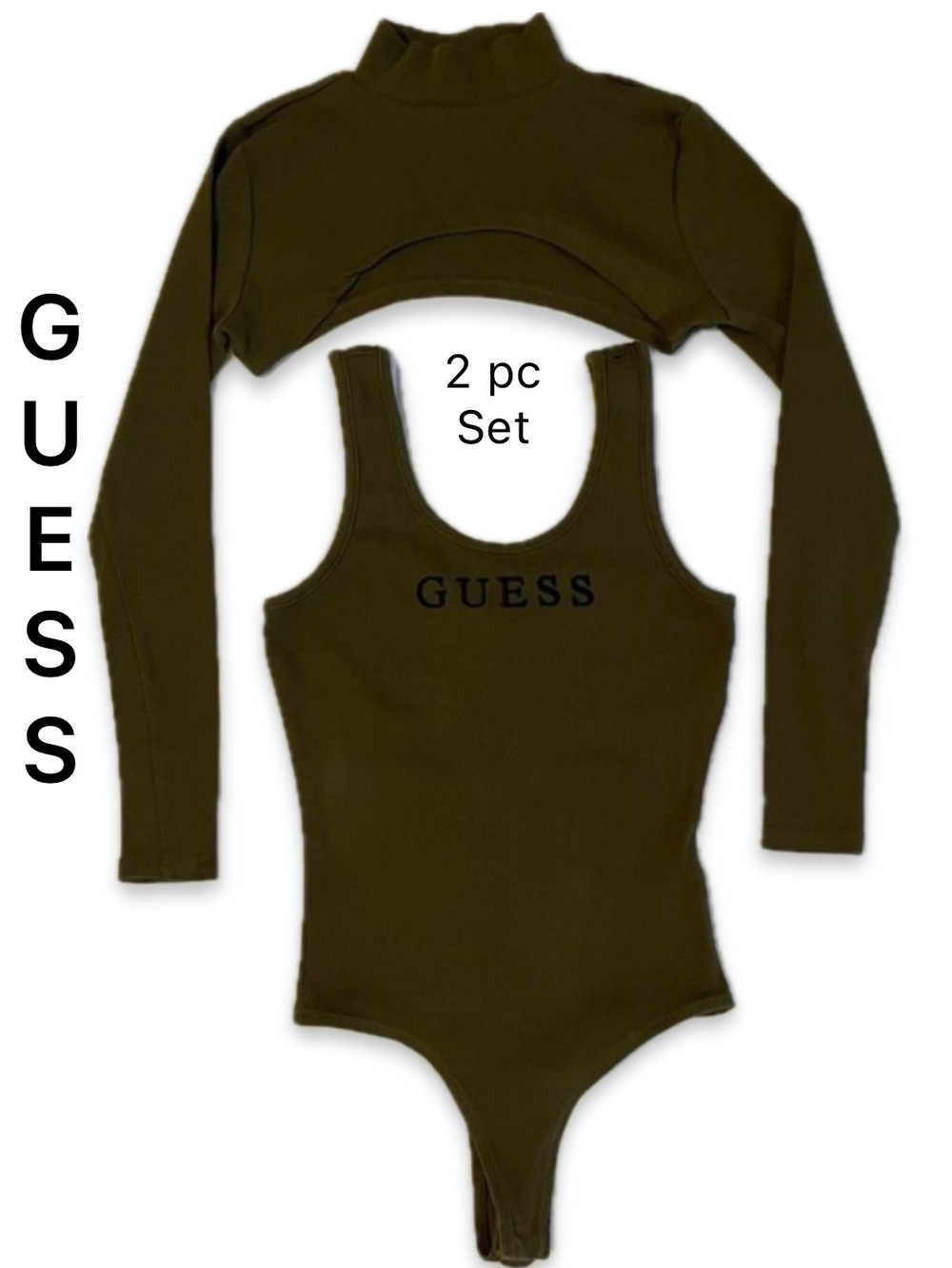 Guess 2 Piece Set Crop Top Bodysuit Ribbed Cut Out Olive Green XS NWOT